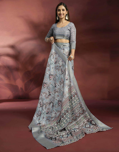 Ready To Wear Grey Dola Silk Printed Saree