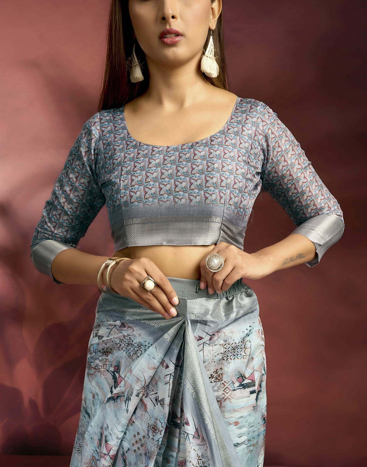 Ready To Wear Grey Dola Silk Printed Saree