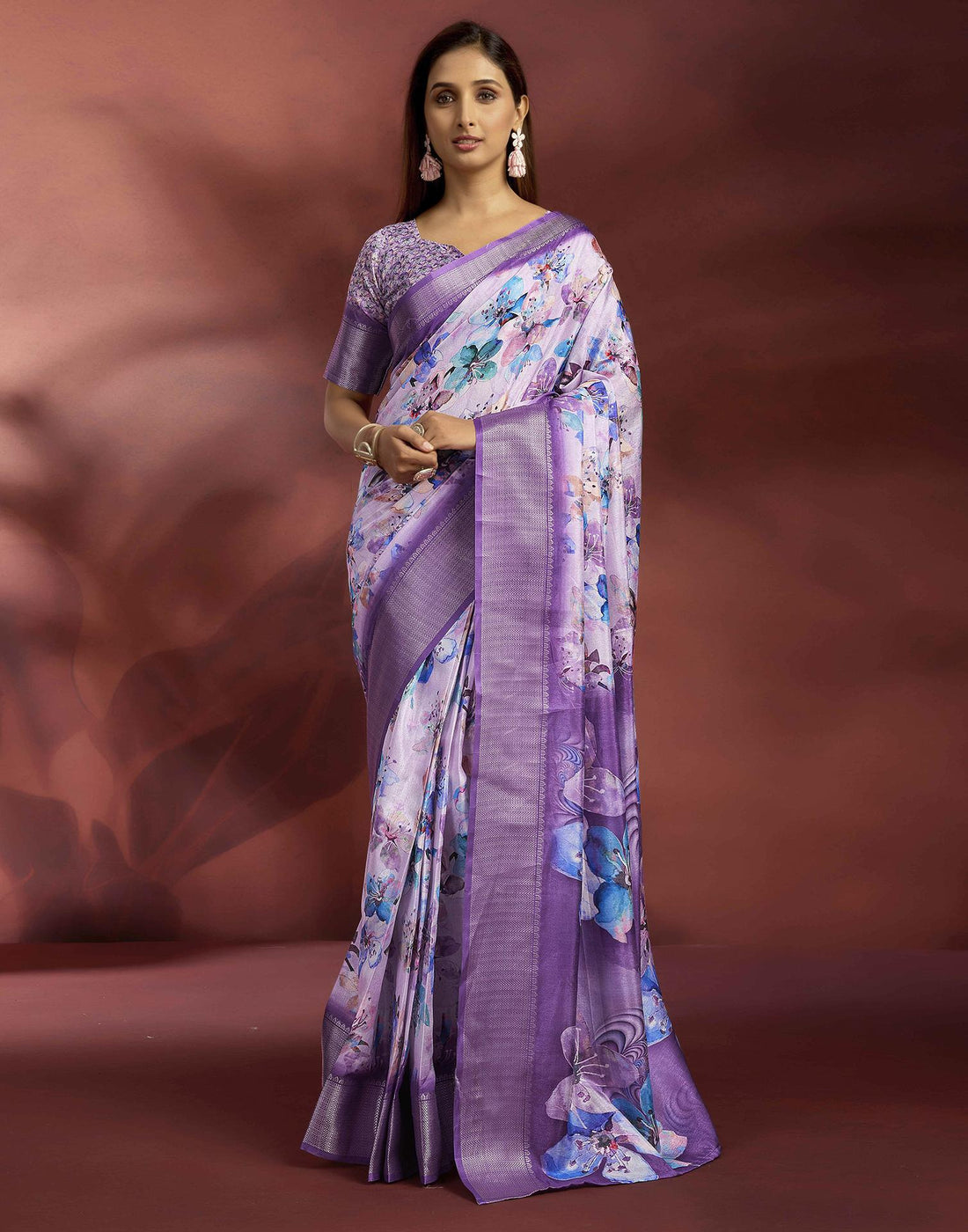 Ready To Wear Violet Dola Silk Printed Saree