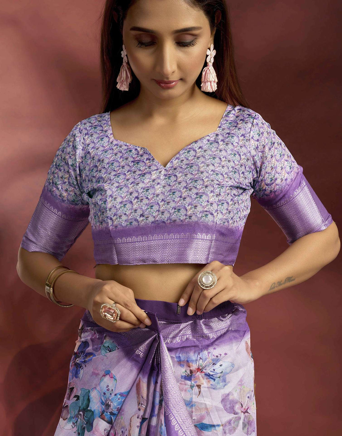 Ready To Wear Violet Dola Silk Printed Saree