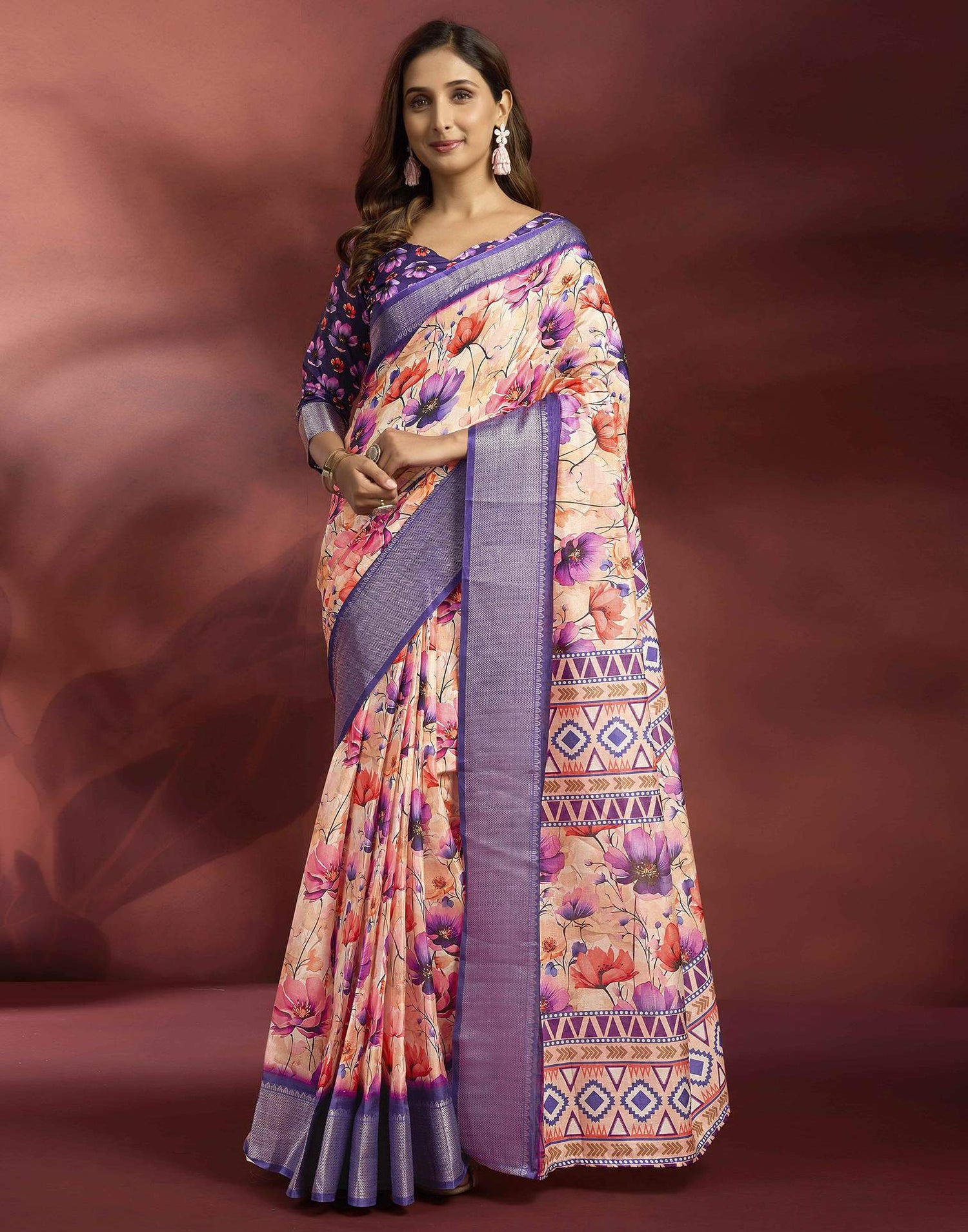Ready To Wear Peach Dola Silk Printed Saree