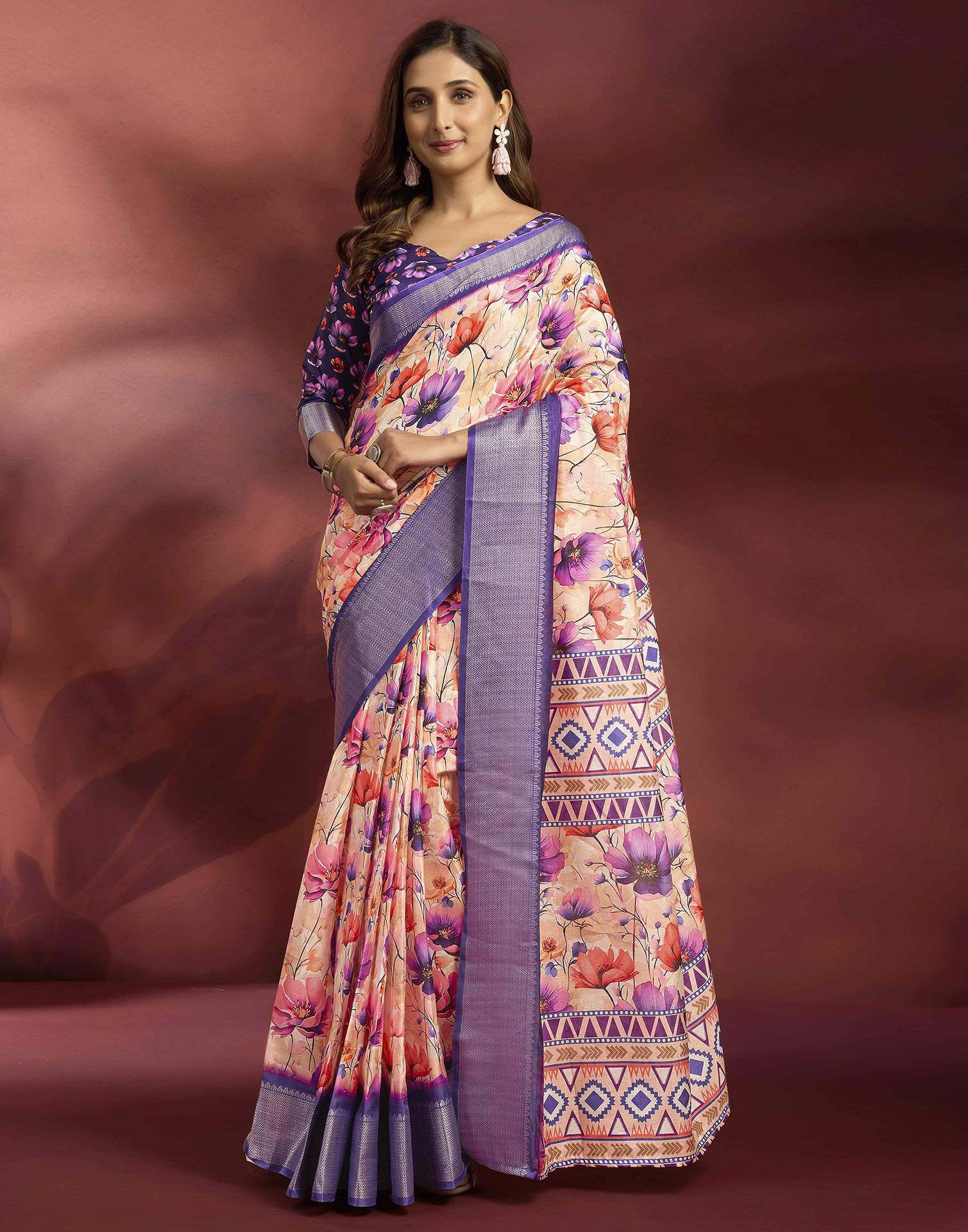 Ready To Wear Peach Dola Silk Printed Saree