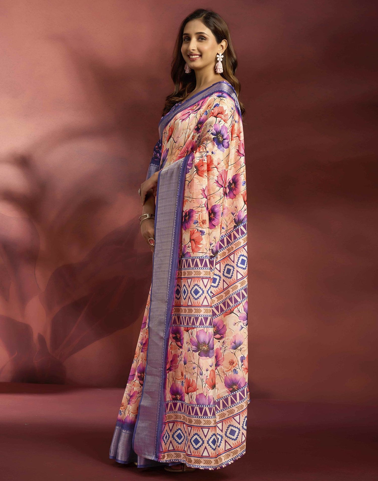 Ready To Wear Peach Dola Silk Printed Saree
