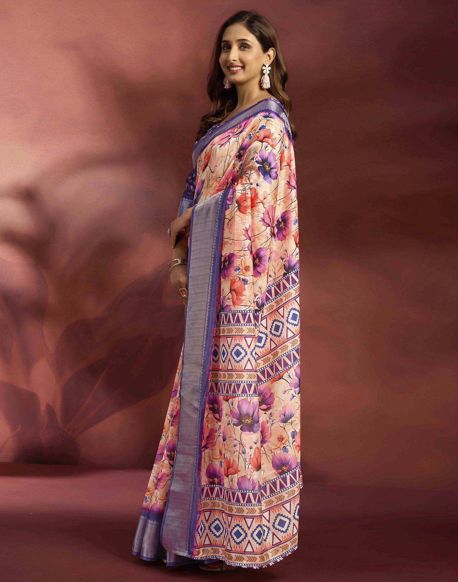 Ready To Wear Peach Dola Silk Printed Saree