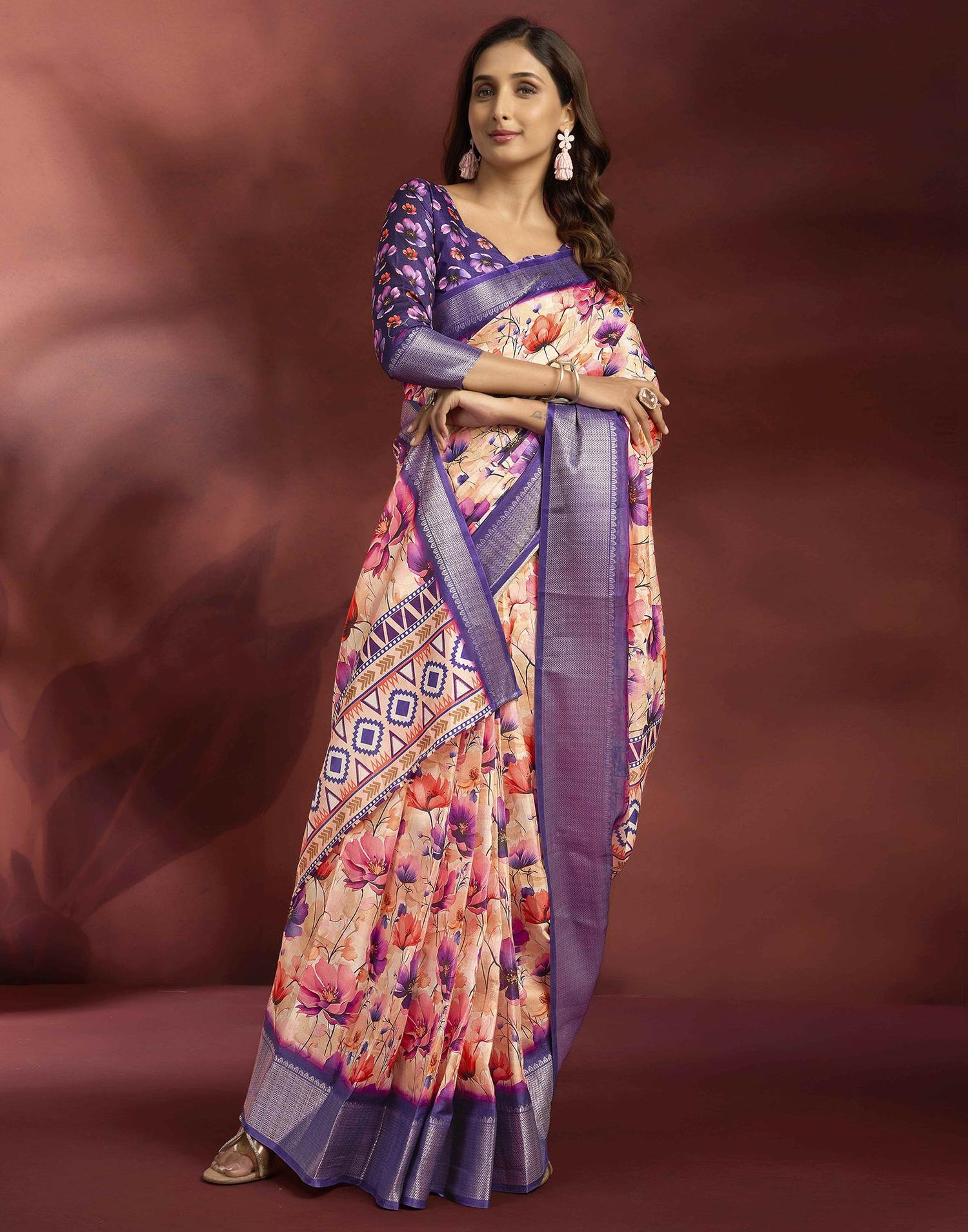 Ready To Wear Peach Dola Silk Printed Saree