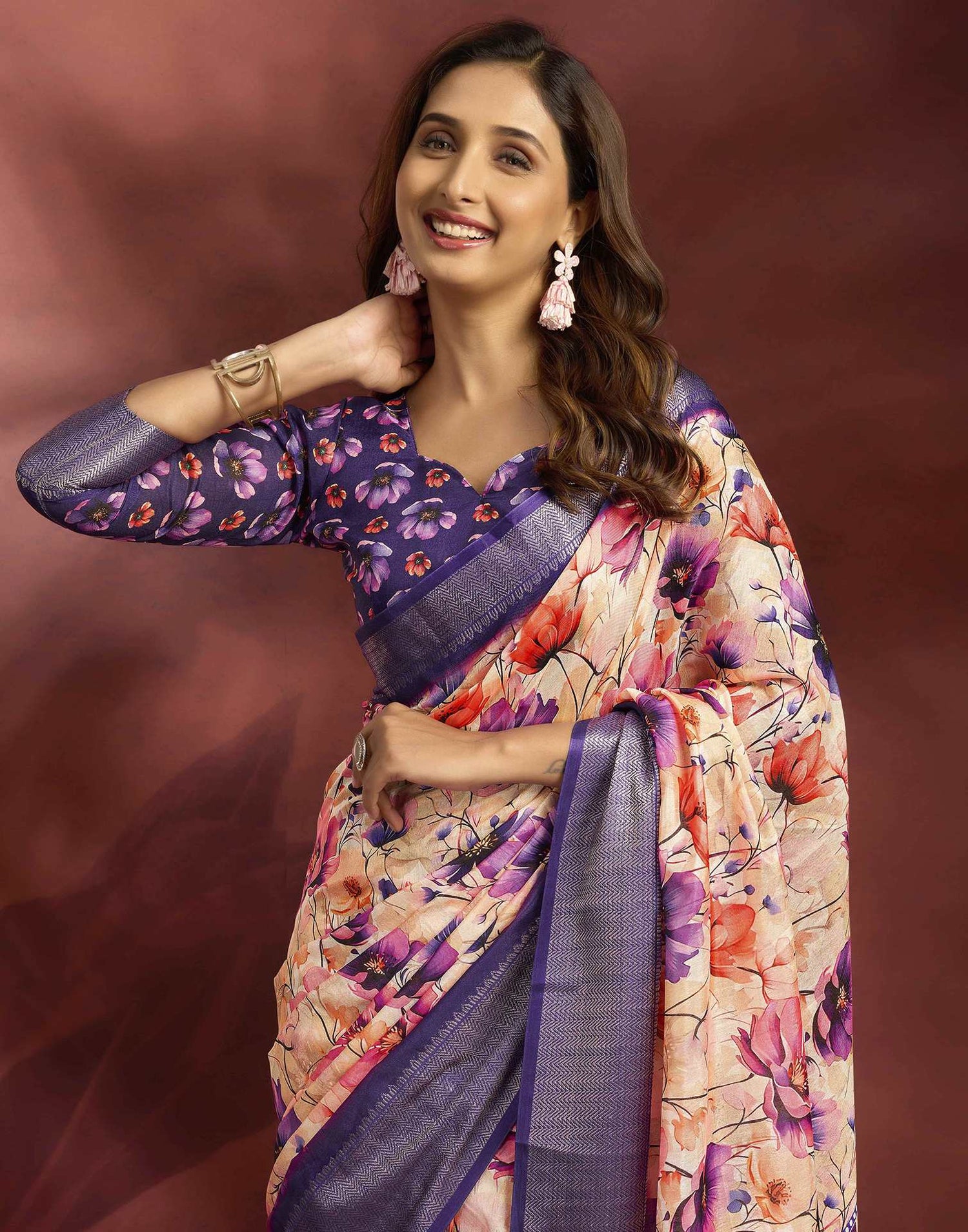Ready To Wear Peach Dola Silk Printed Saree