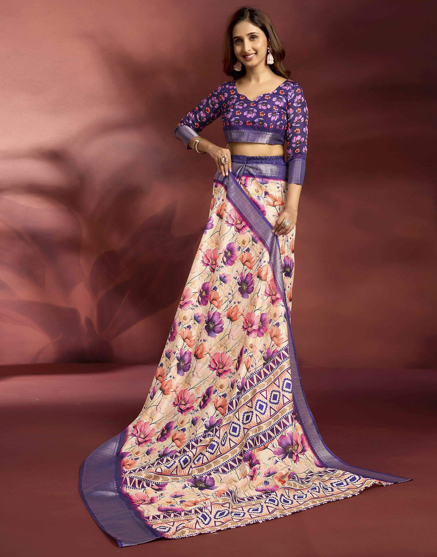 Ready To Wear Peach Dola Silk Printed Saree