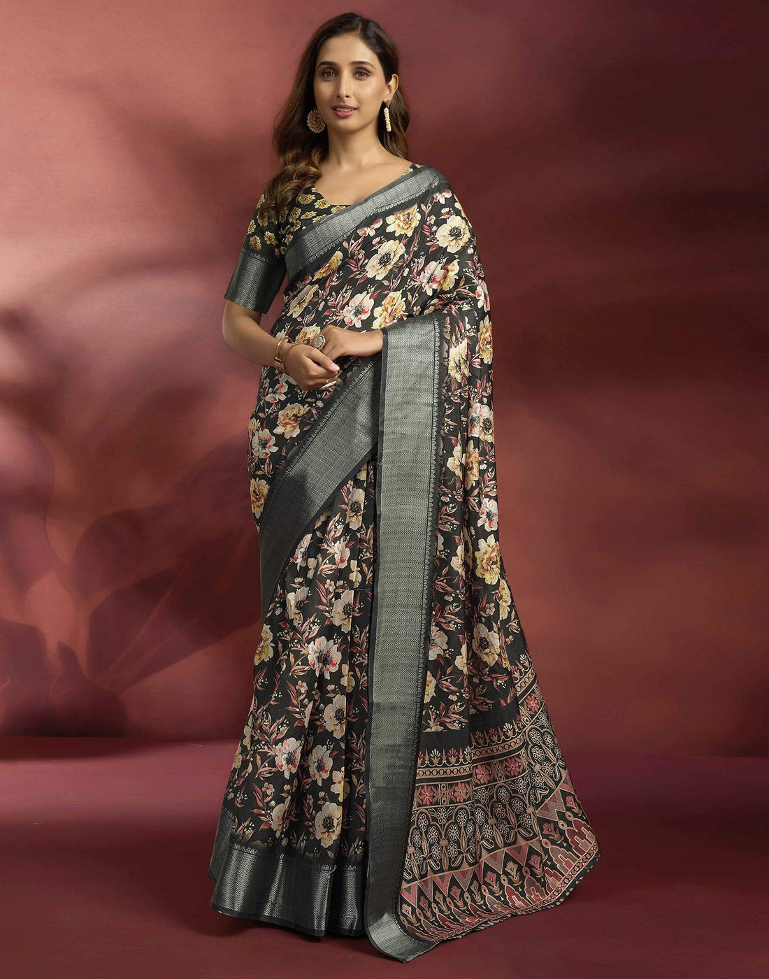 Ready To Wear Black Dola Silk Printed Saree