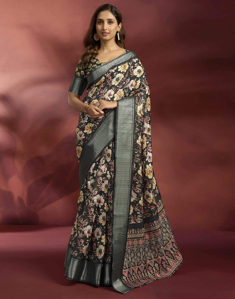 Ready To Wear Black Dola Silk Printed Saree