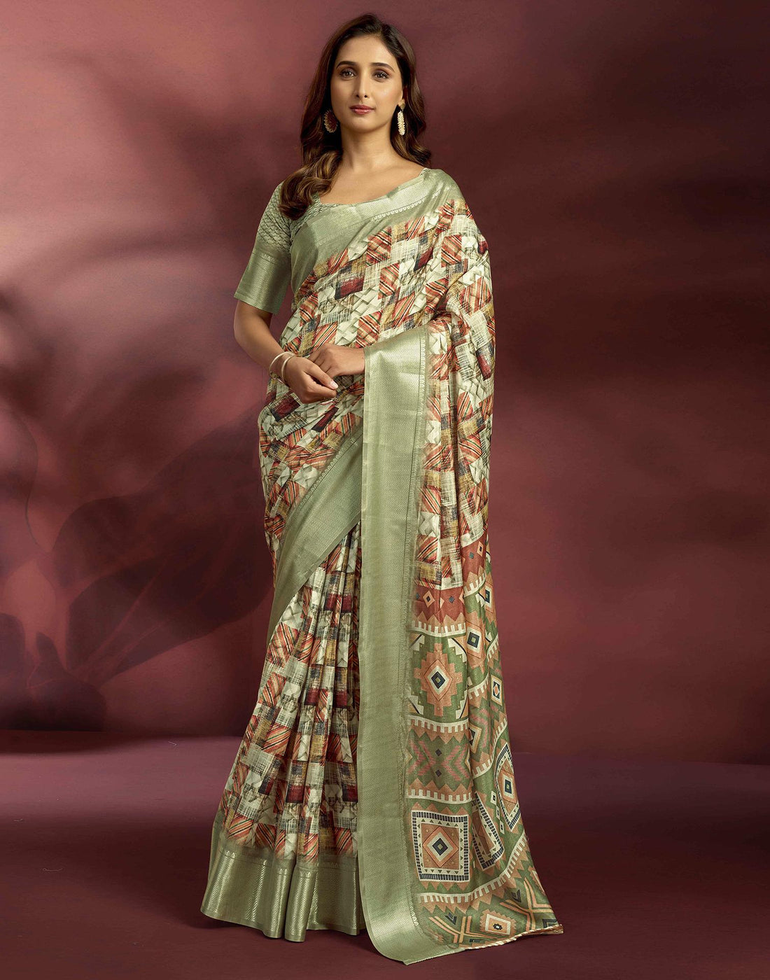 Ready To Wear Pastel Green Brown Dola Silk Printed Saree
