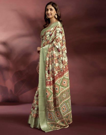 Ready To Wear Pastel Green Brown Dola Silk Printed Saree