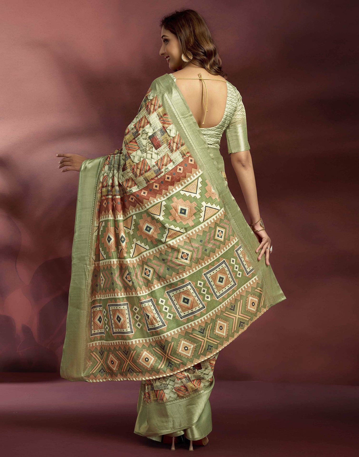 Ready To Wear Pastel Green Brown Dola Silk Printed Saree