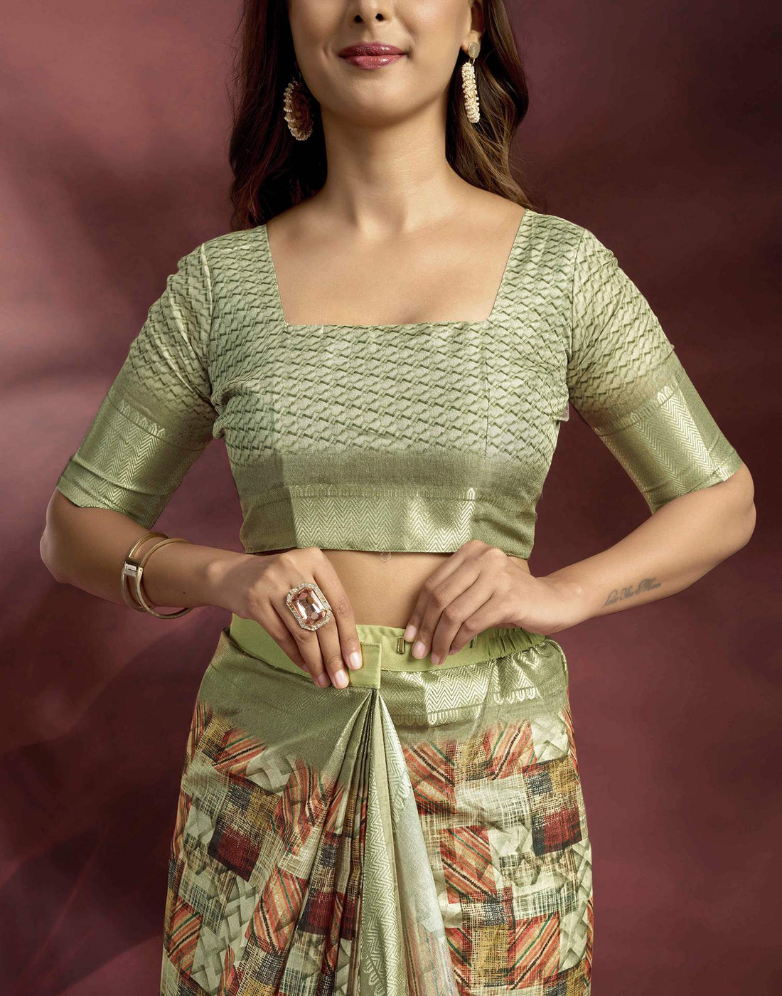 Ready To Wear Pastel Green Brown Dola Silk Printed Saree