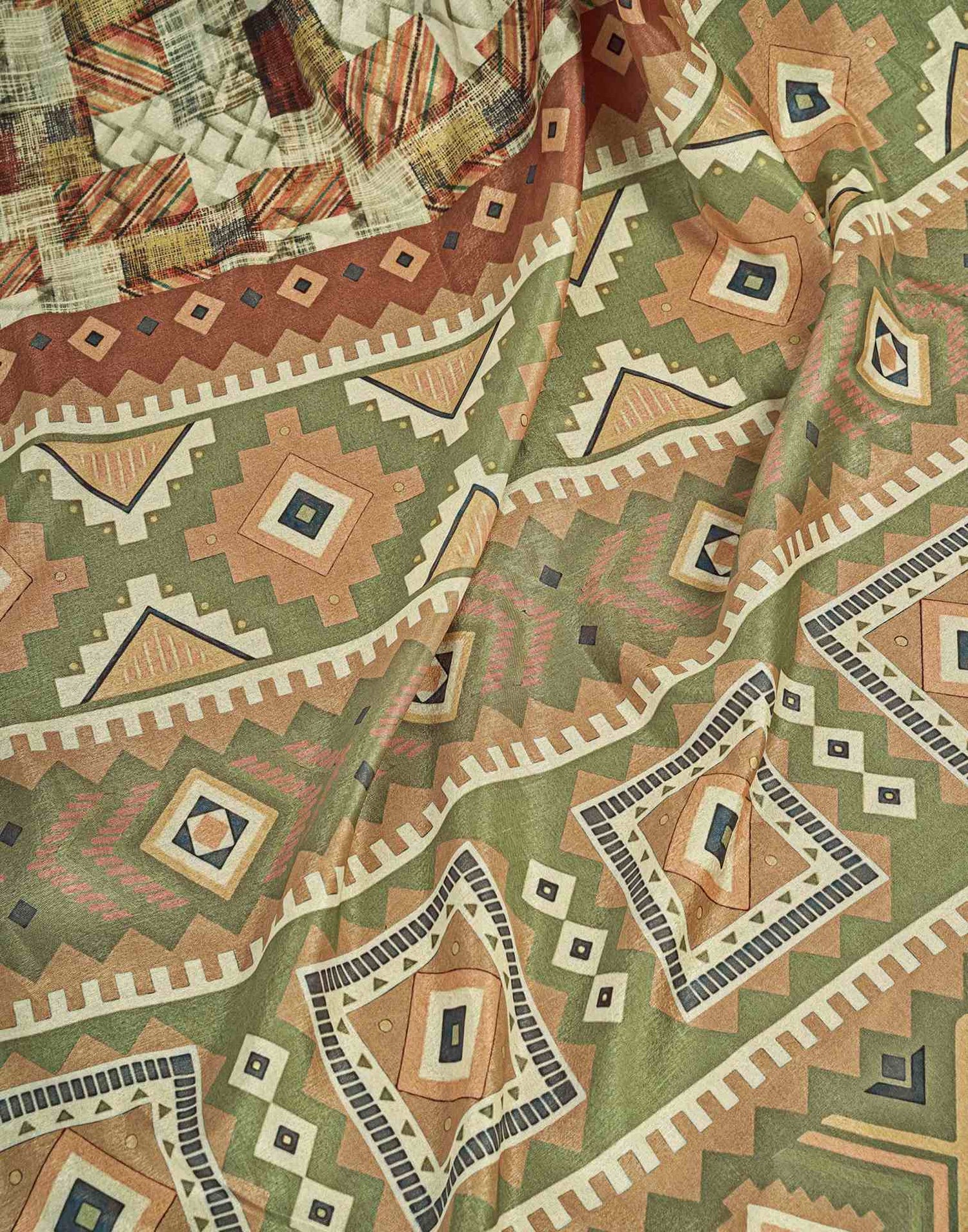 Ready To Wear Pastel Green Brown Dola Silk Printed Saree