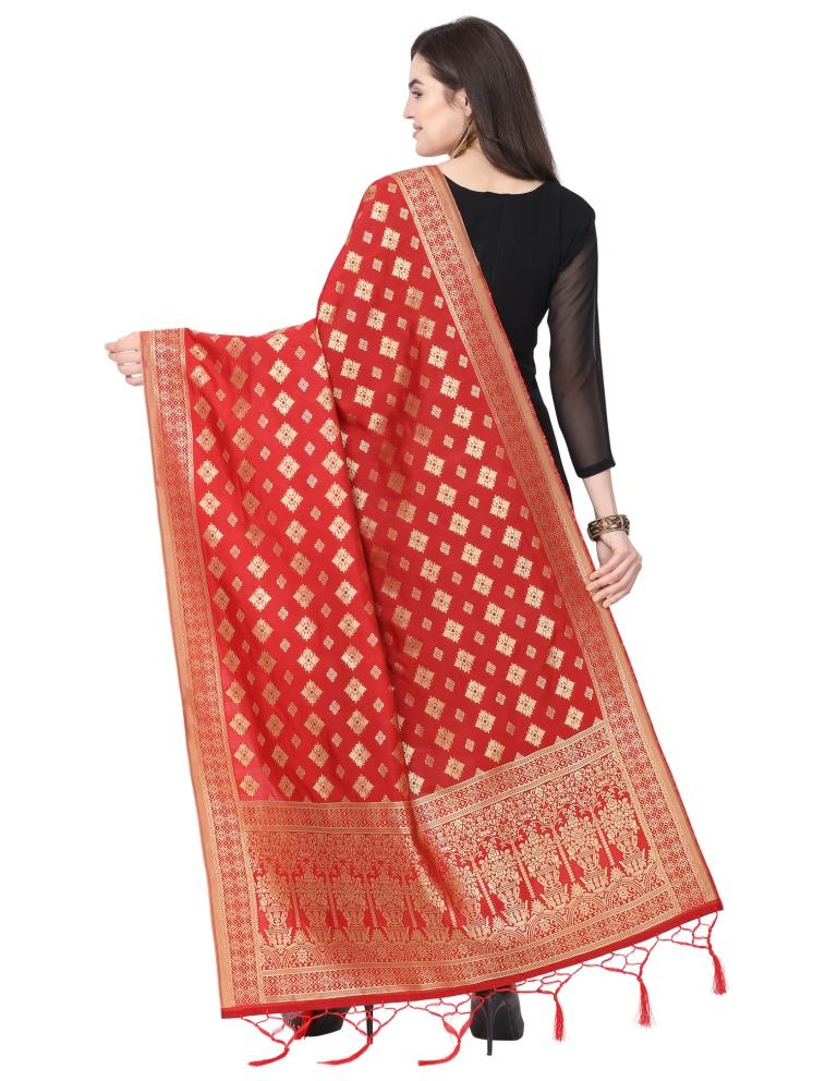 Precious Red Coloured Poly Silk Jacquard Banarasi Dupatta | Sudathi