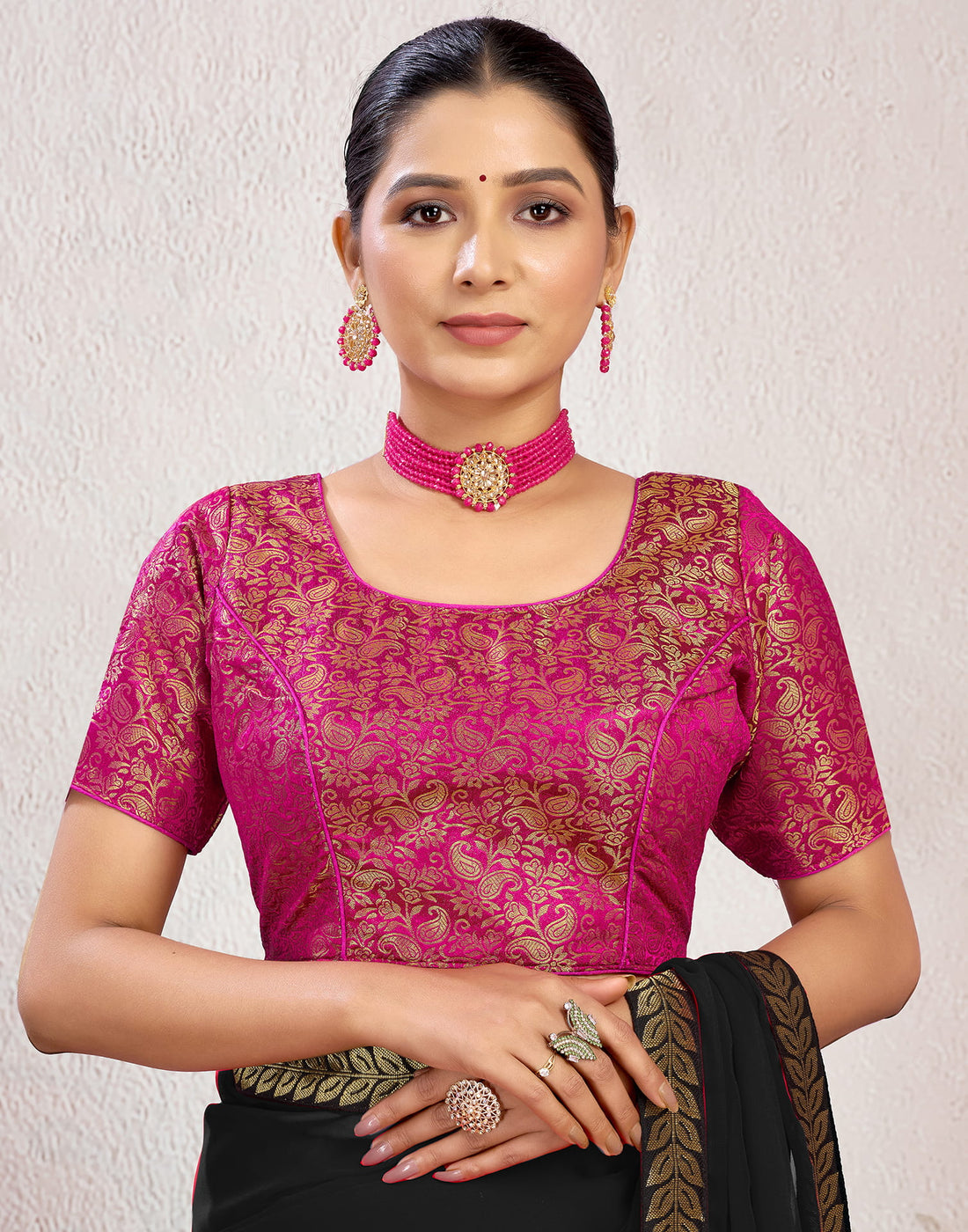 Rani Pink Brocade Plain Woven Blouse