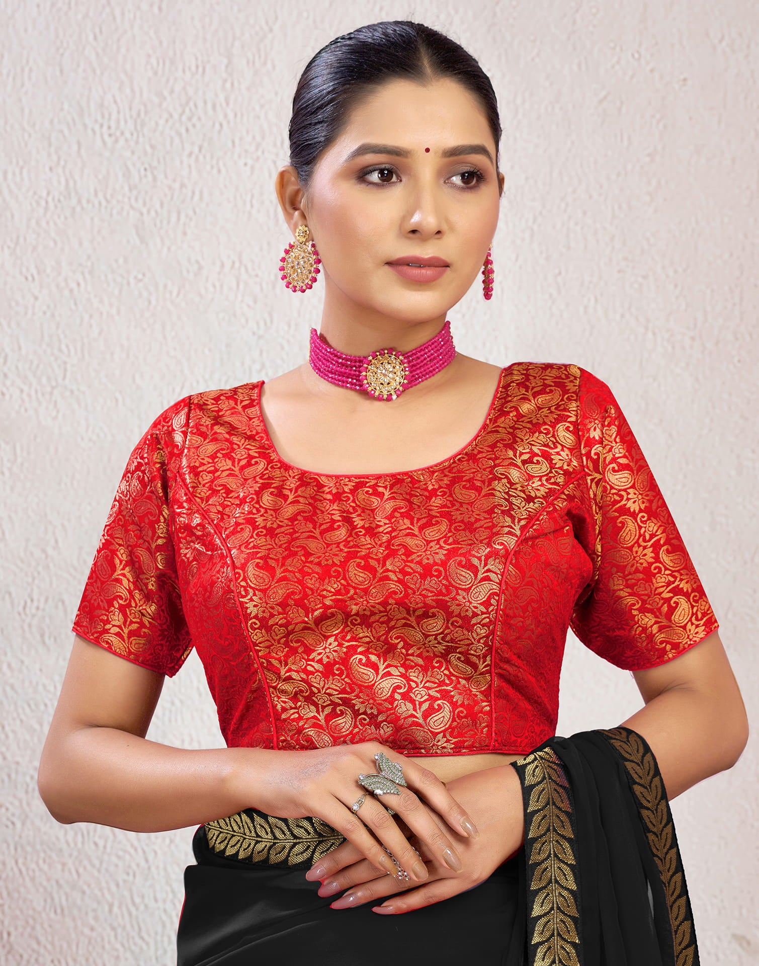 Red Brocade Plain Woven Blouse