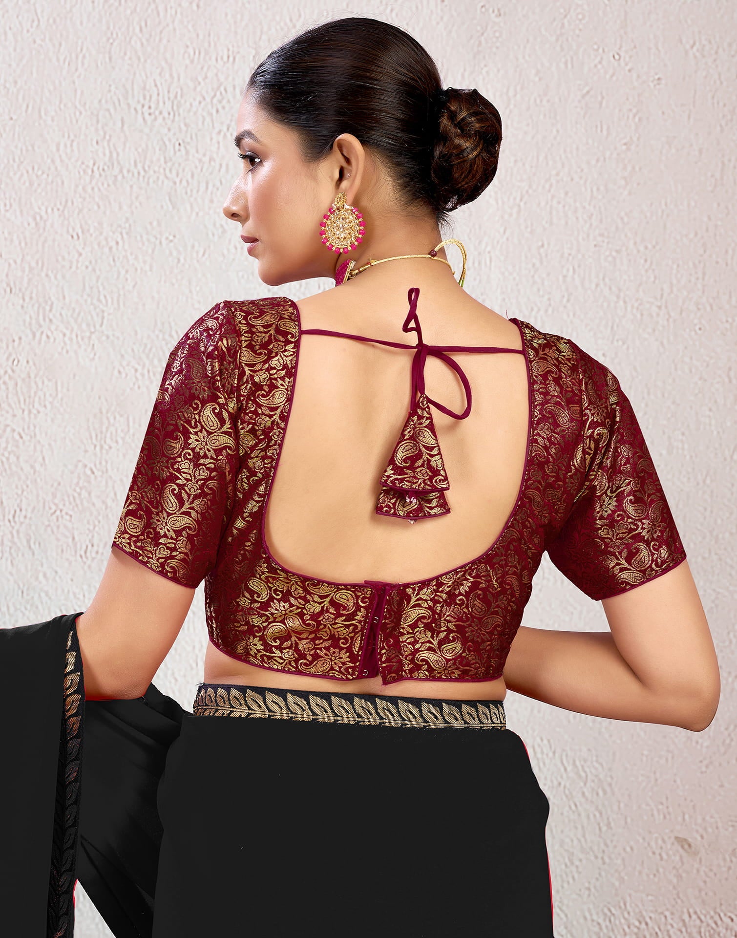 Maroon Brocade Plain Woven Blouse