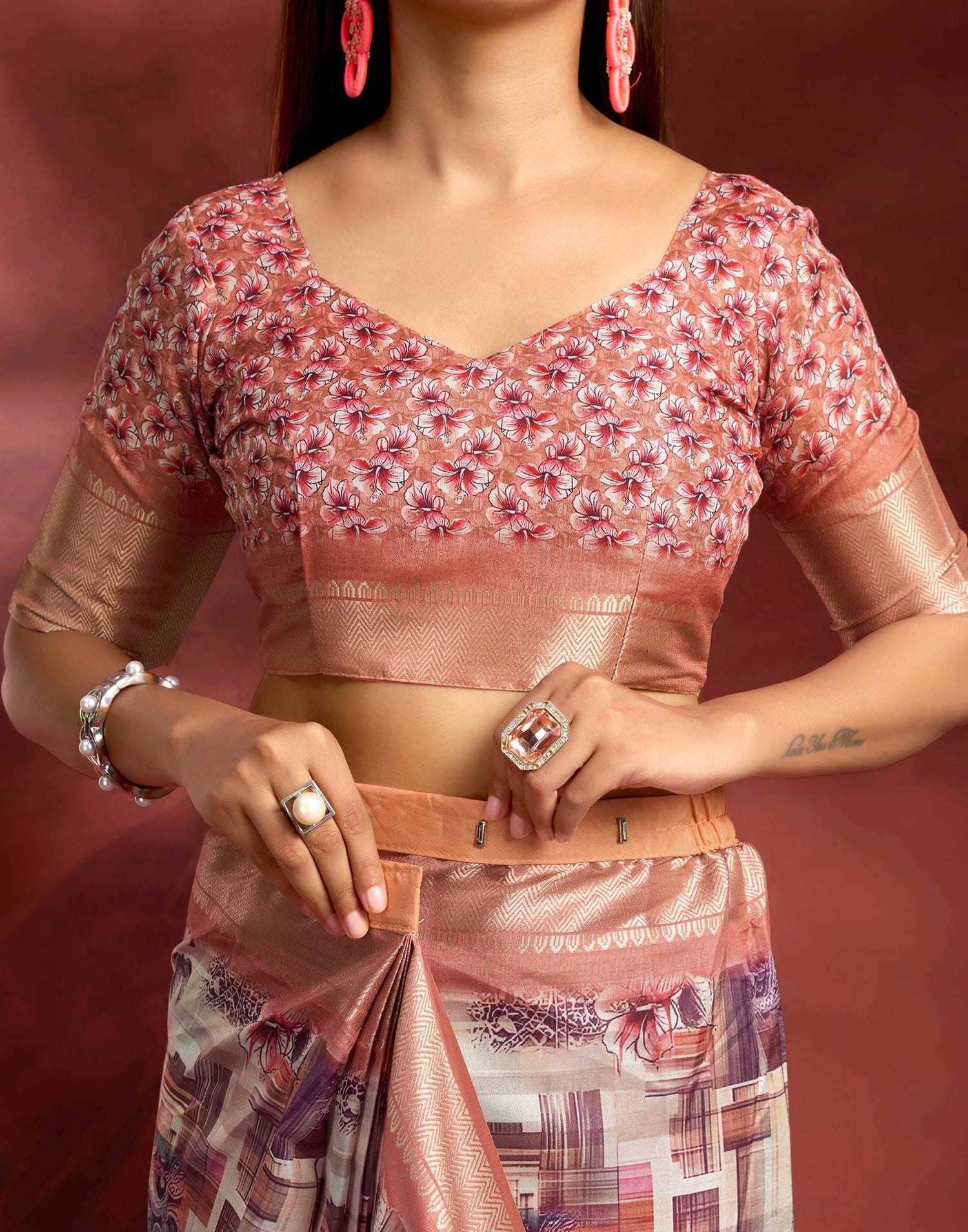 Ready To Wear Peach Dola Silk Printed Saree