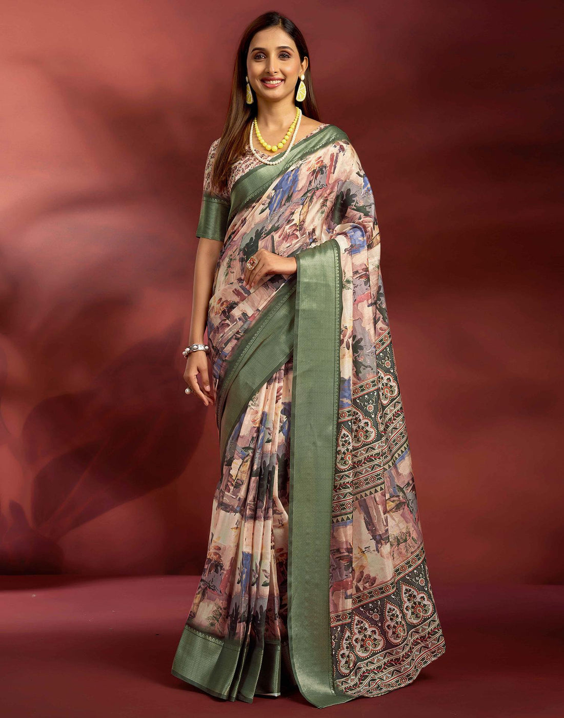 Ready To Wear Beige Dola Silk Printed Saree