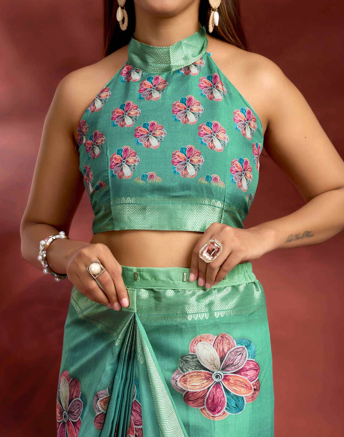 Ready To Wear Sea Green Dola Silk Printed Saree