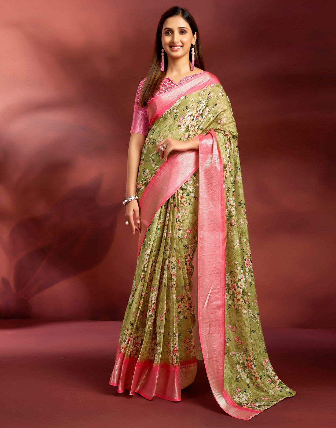 Ready To Wear Moss Green Dola Silk Printed Saree