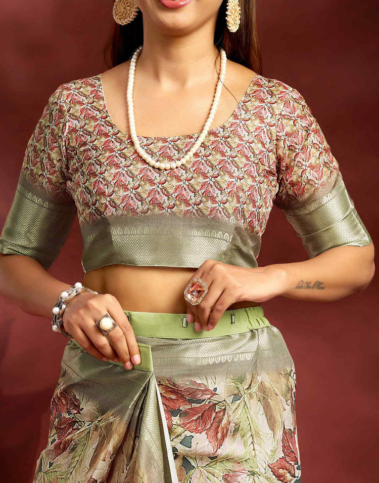 Ready To Wear Khaki Dola Silk Printed Saree