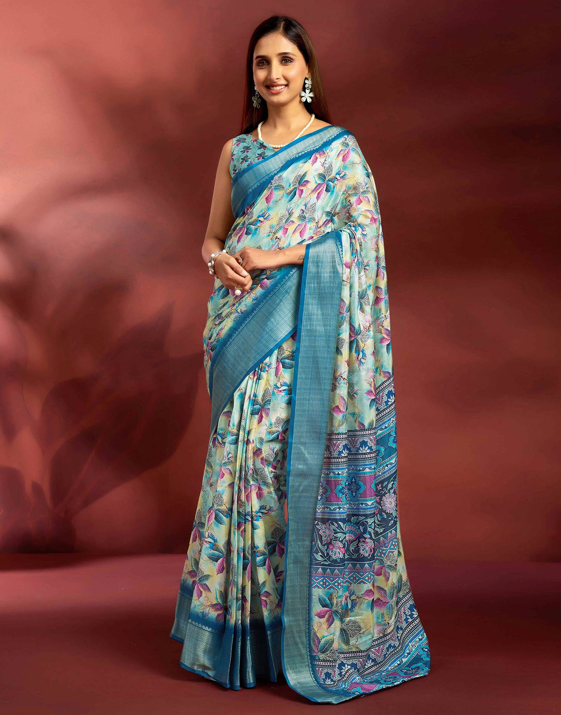 Ready To Wear Rama Blue Dola Silk Printed Saree