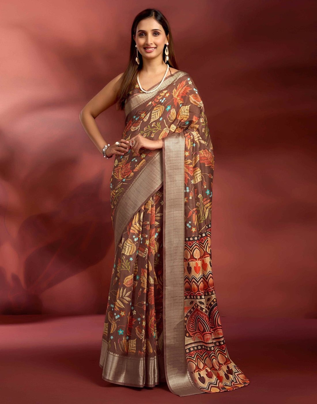 Ready To Wear Brown Dola Silk Printed Saree
