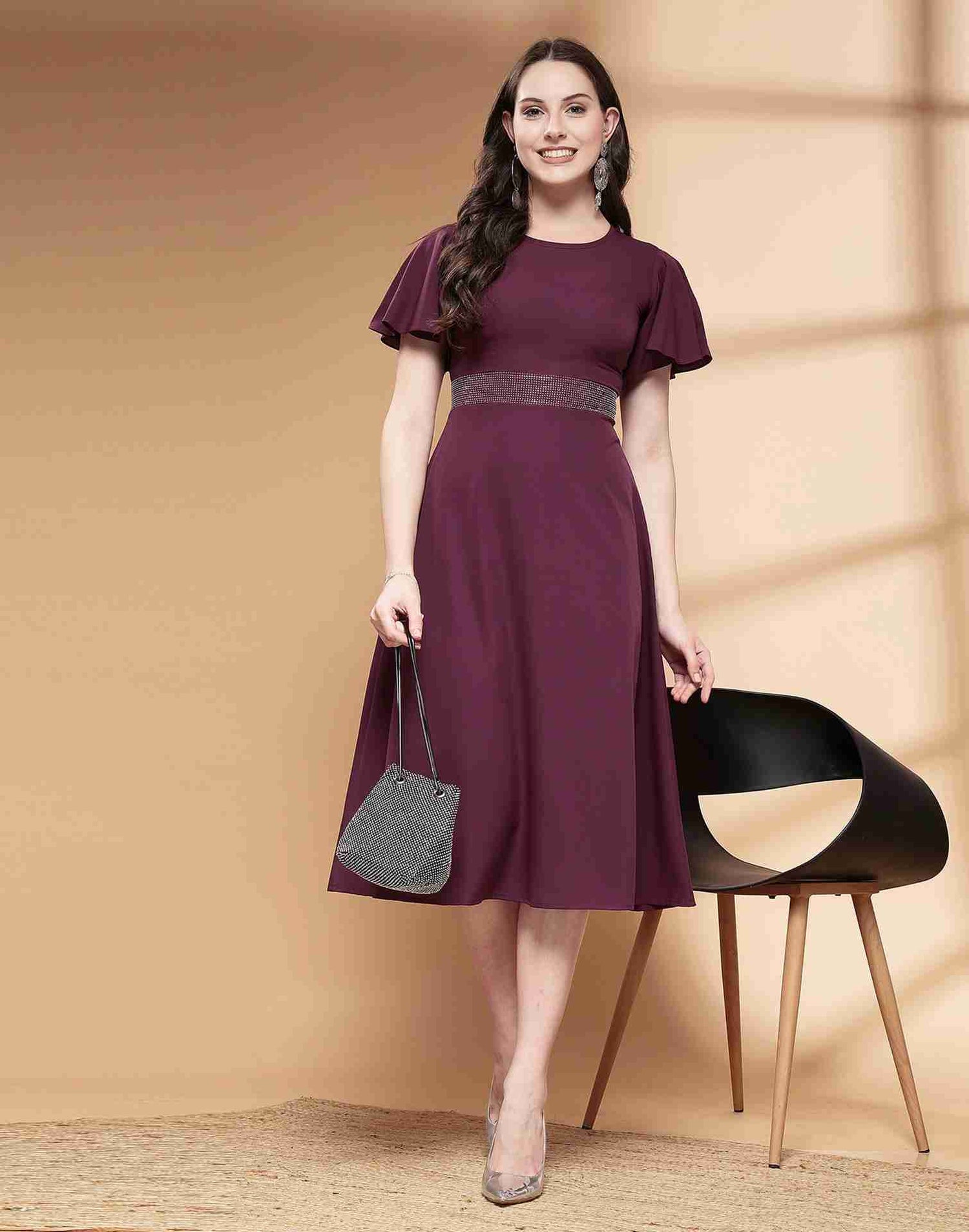 Wine Polyester Plain Dress