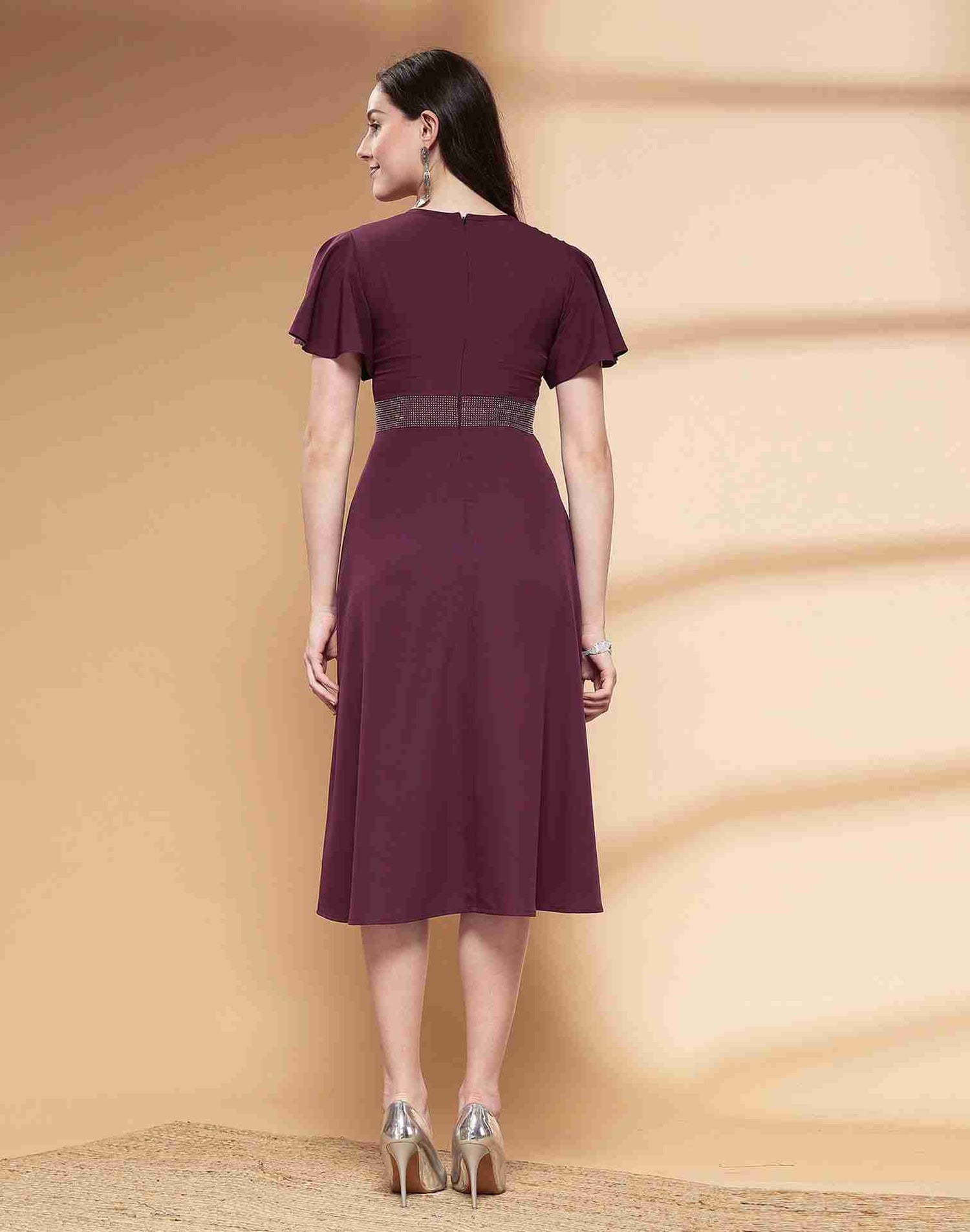 Wine Polyester Plain Dress