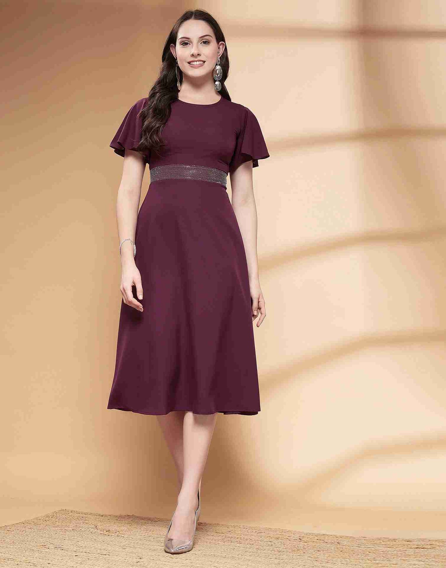 Wine Polyester Plain Dress