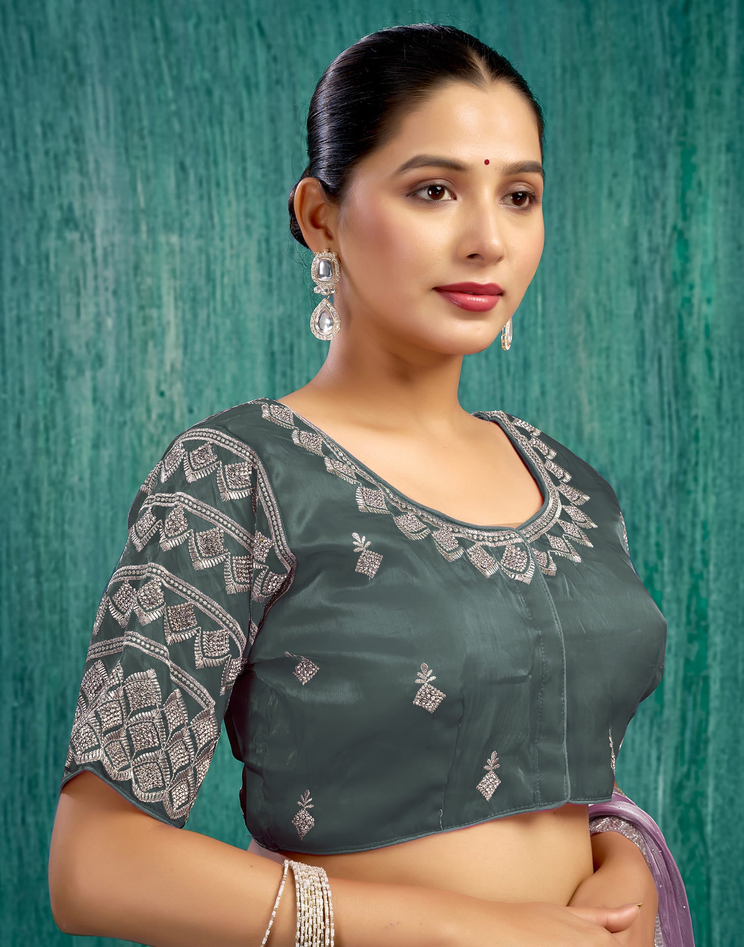 Dusty Rama Green Chiffon Plain Embroidery Blouse