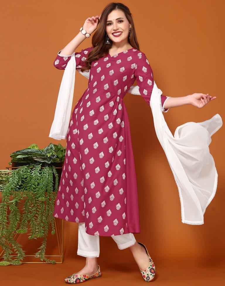 Pink Chinnon Printed Straight Kurta With Pant And Dupatta