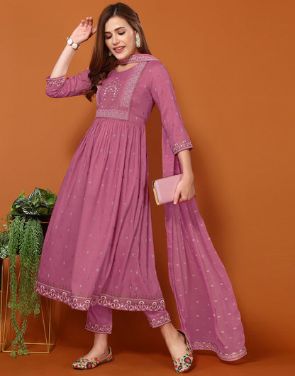 Dusty Pink Printed Chinnon A-Line Kurta Set With Dupatta