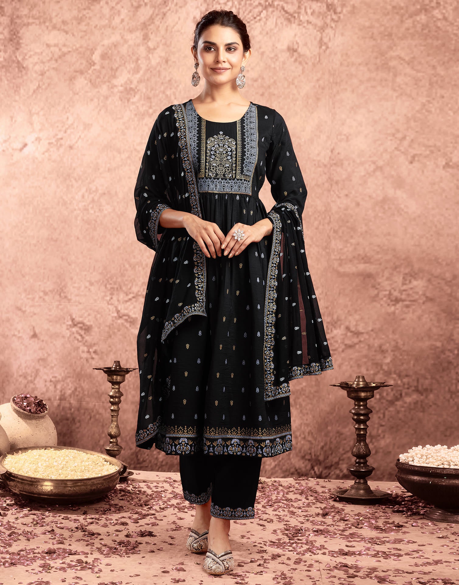 Black Chinnon Printed Flared Kurta Set With Dupatta