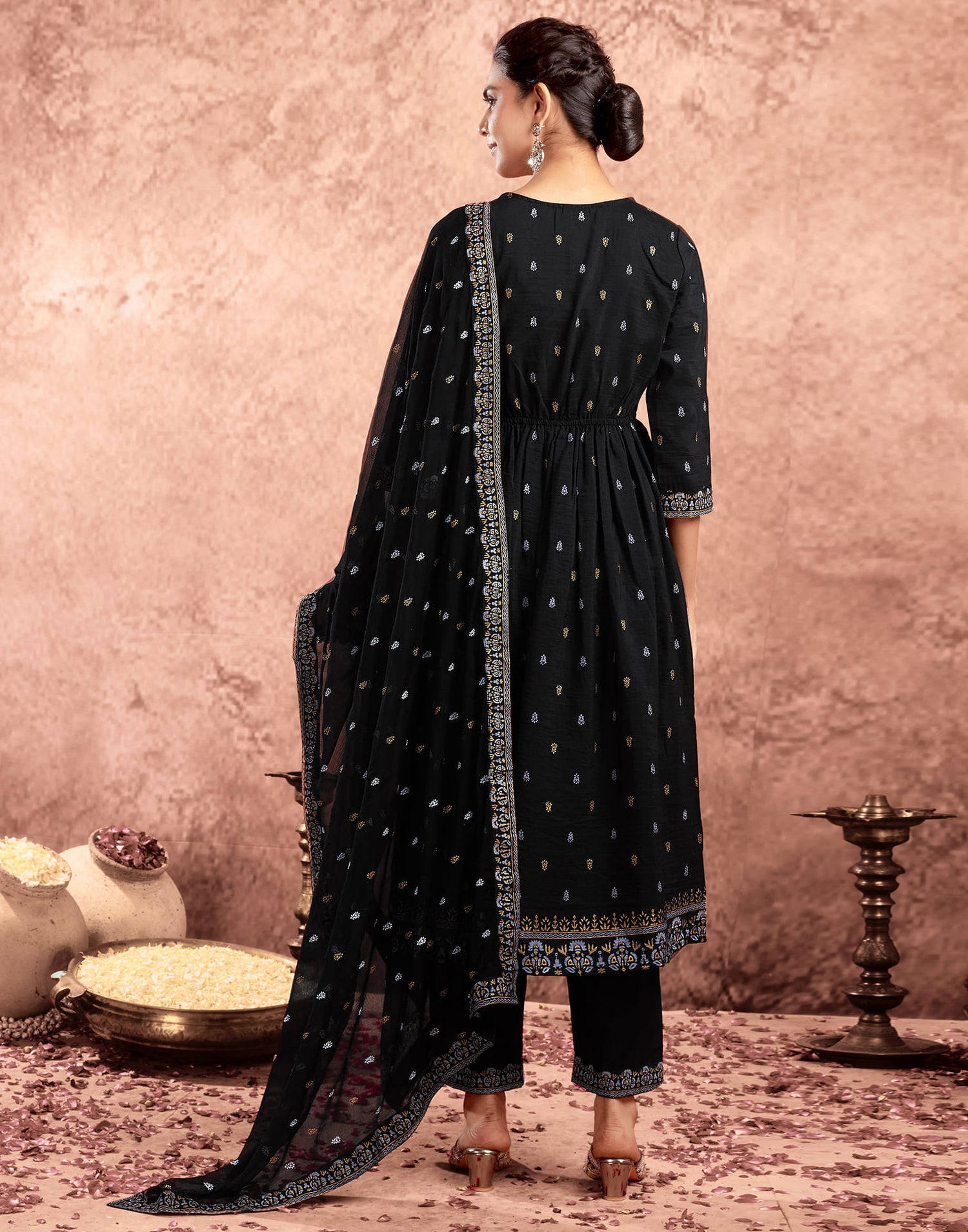 Black Chinnon Printed Flared Kurta Set With Dupatta