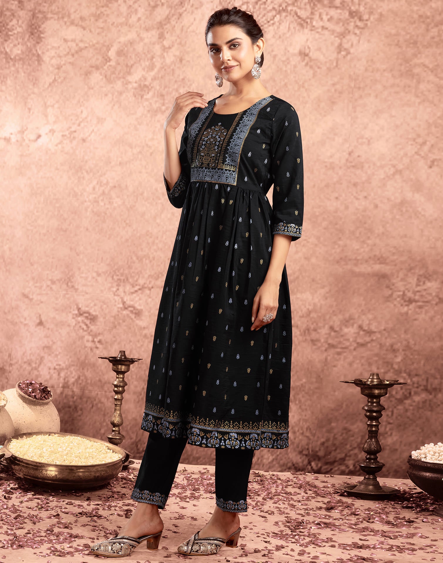 Black Chinnon Printed Flared Kurta Set With Dupatta