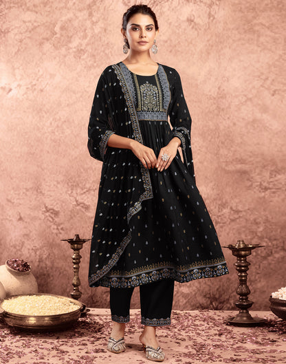 Black Chinnon Printed Flared Kurta Set With Dupatta