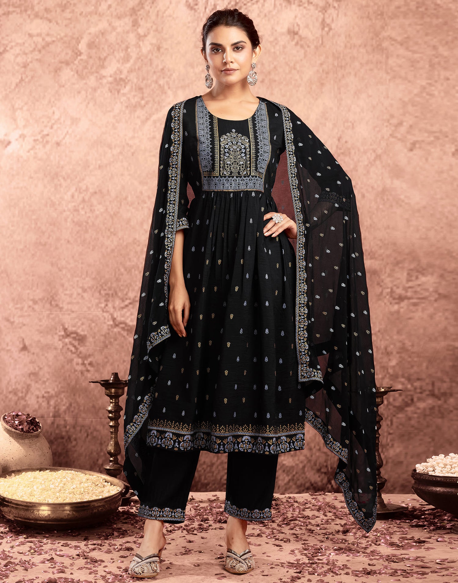 Black Chinnon Printed Flared Kurta Set With Dupatta