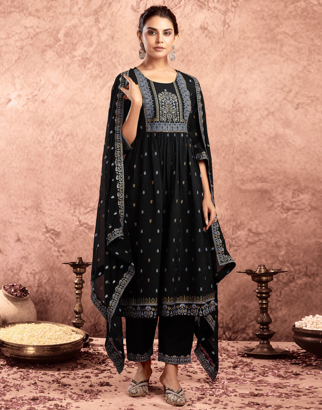 Black Chinnon Printed Flared Kurta Set With Dupatta