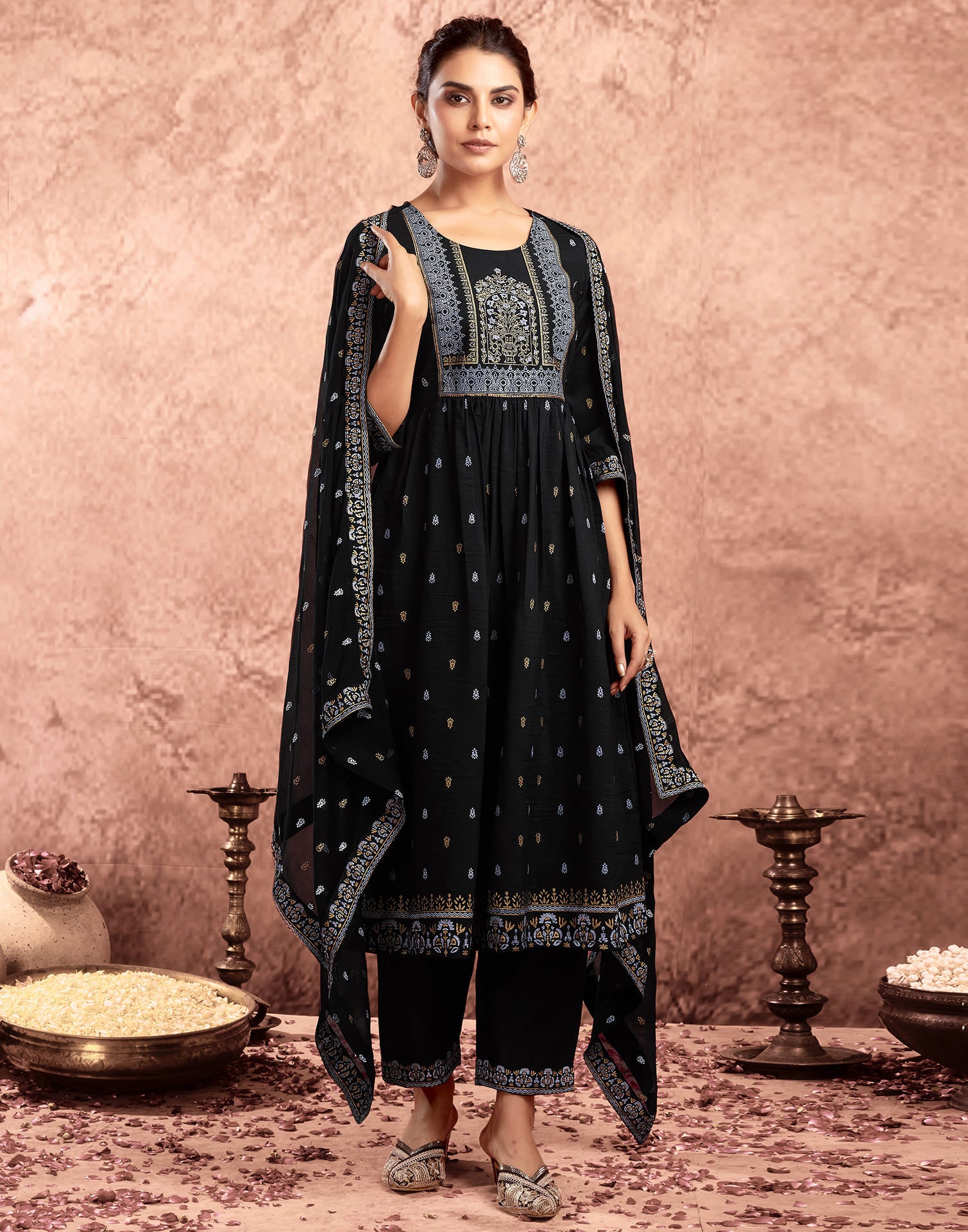 Black Chinnon Printed Flared Kurta Set With Dupatta