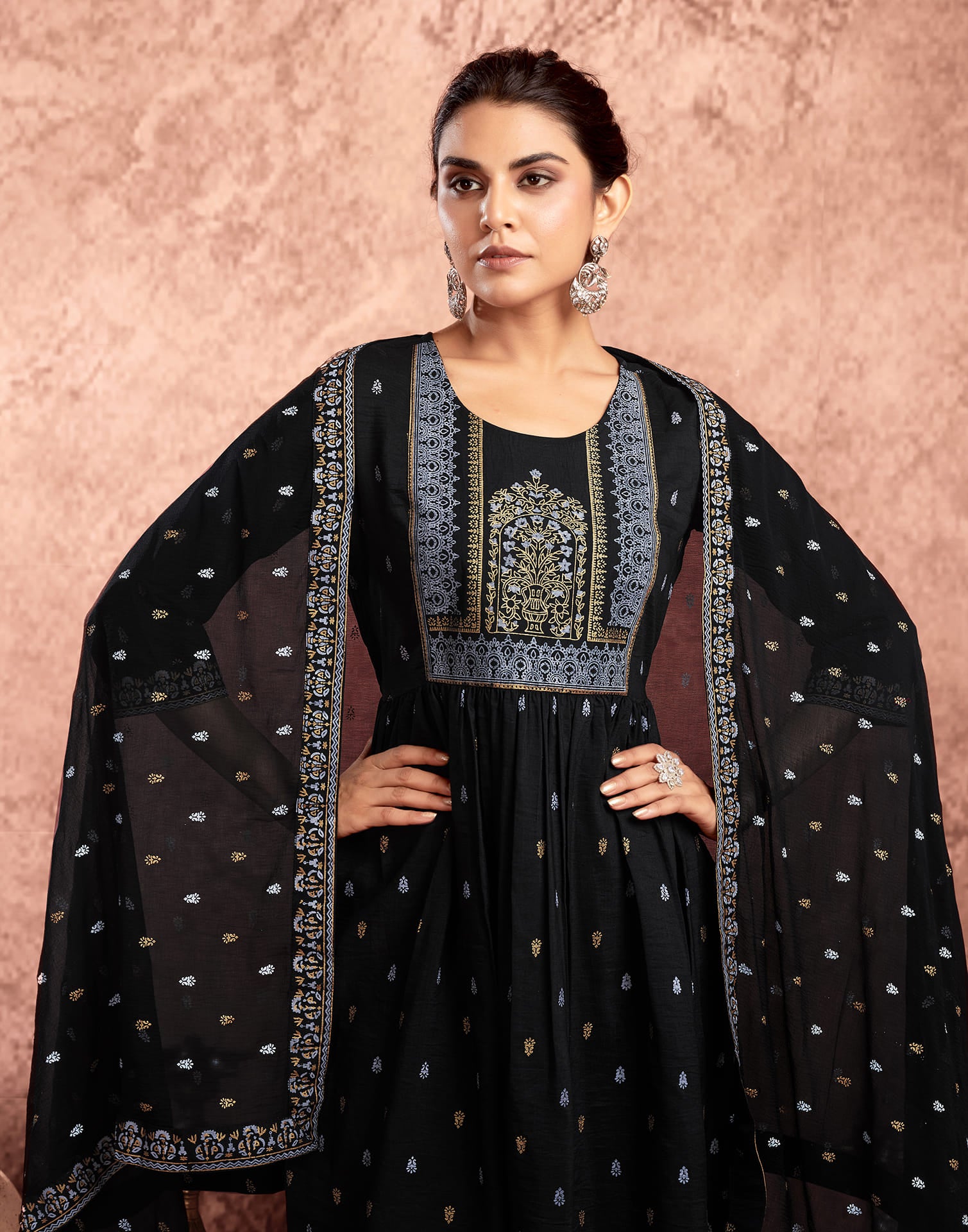 Black Chinnon Printed Flared Kurta Set With Dupatta