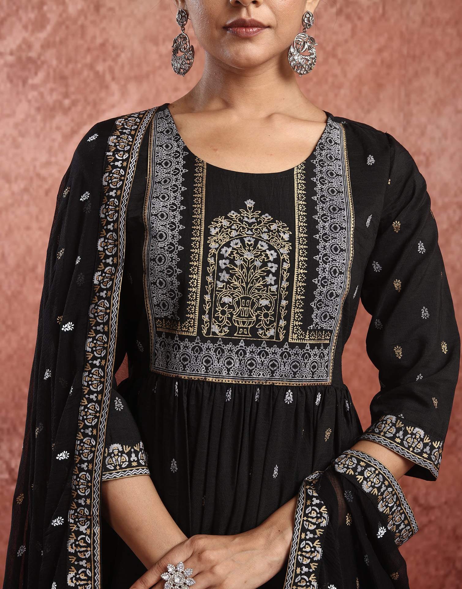 Black Chinnon Printed Flared Kurta Set With Dupatta