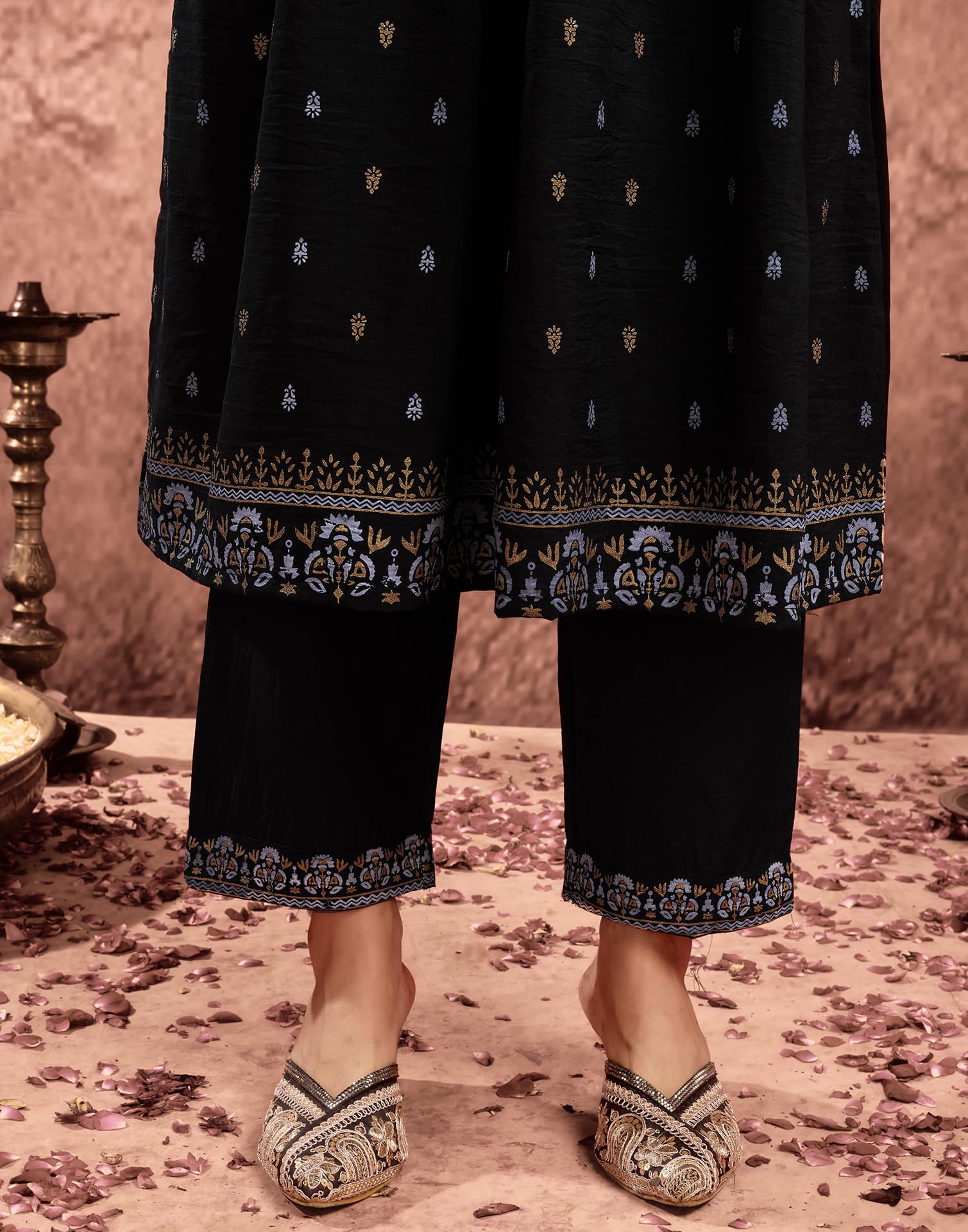 Black Chinnon Printed Flared Kurta Set With Dupatta