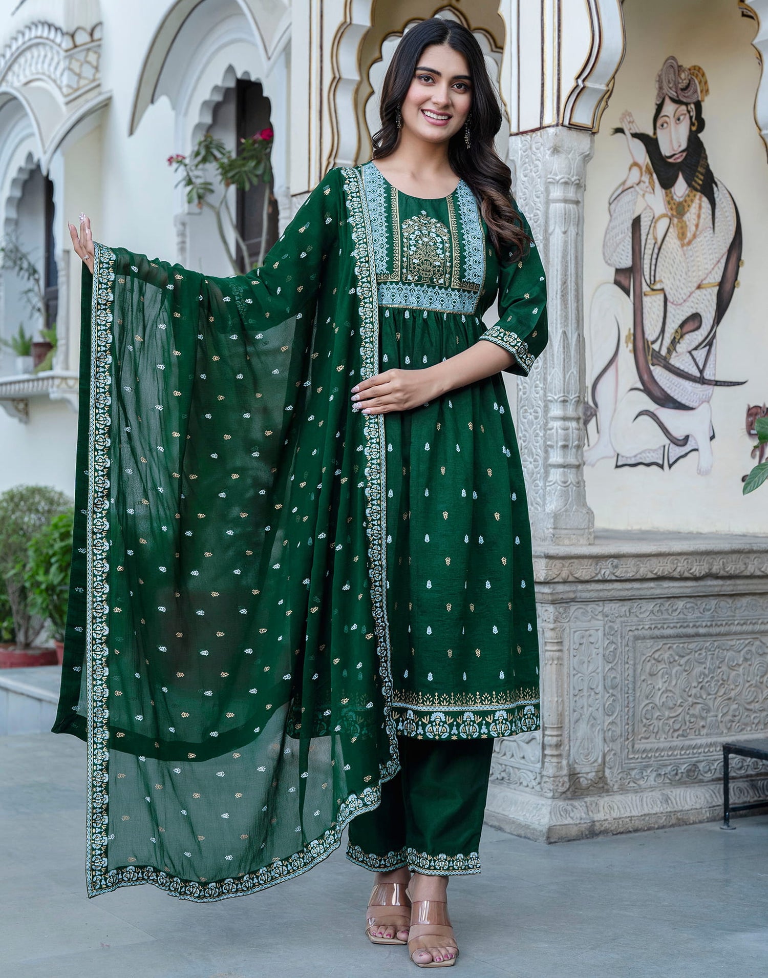 Dark Green Chinnon Printed Flared Kurta Set With Dupatta