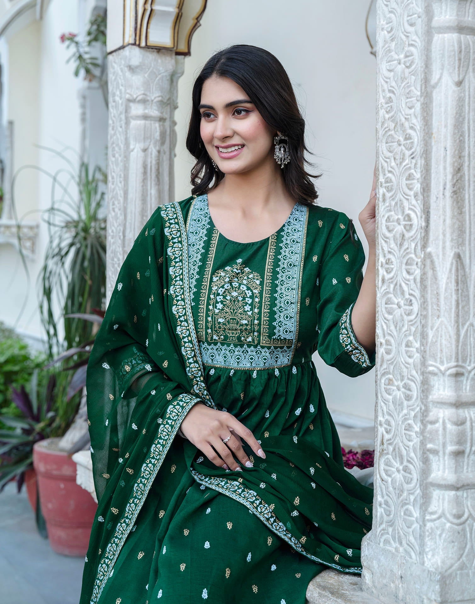 Dark Green Chinnon Printed Flared Kurta Set With Dupatta