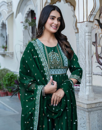 Dark Green Chinnon Printed Flared Kurta Set With Dupatta