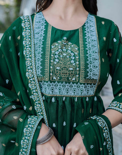 Dark Green Chinnon Printed Flared Kurta Set With Dupatta