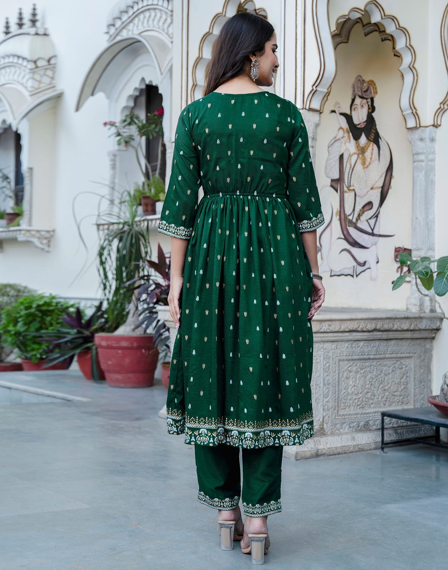 Dark Green Chinnon Printed Flared Kurta Set With Dupatta